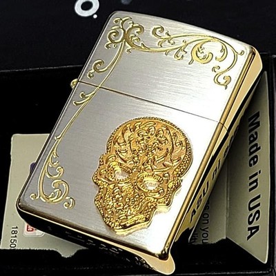 Zippo Silent Skull Crest Metal Arabesque Etching Engraving Side Gold Lighter