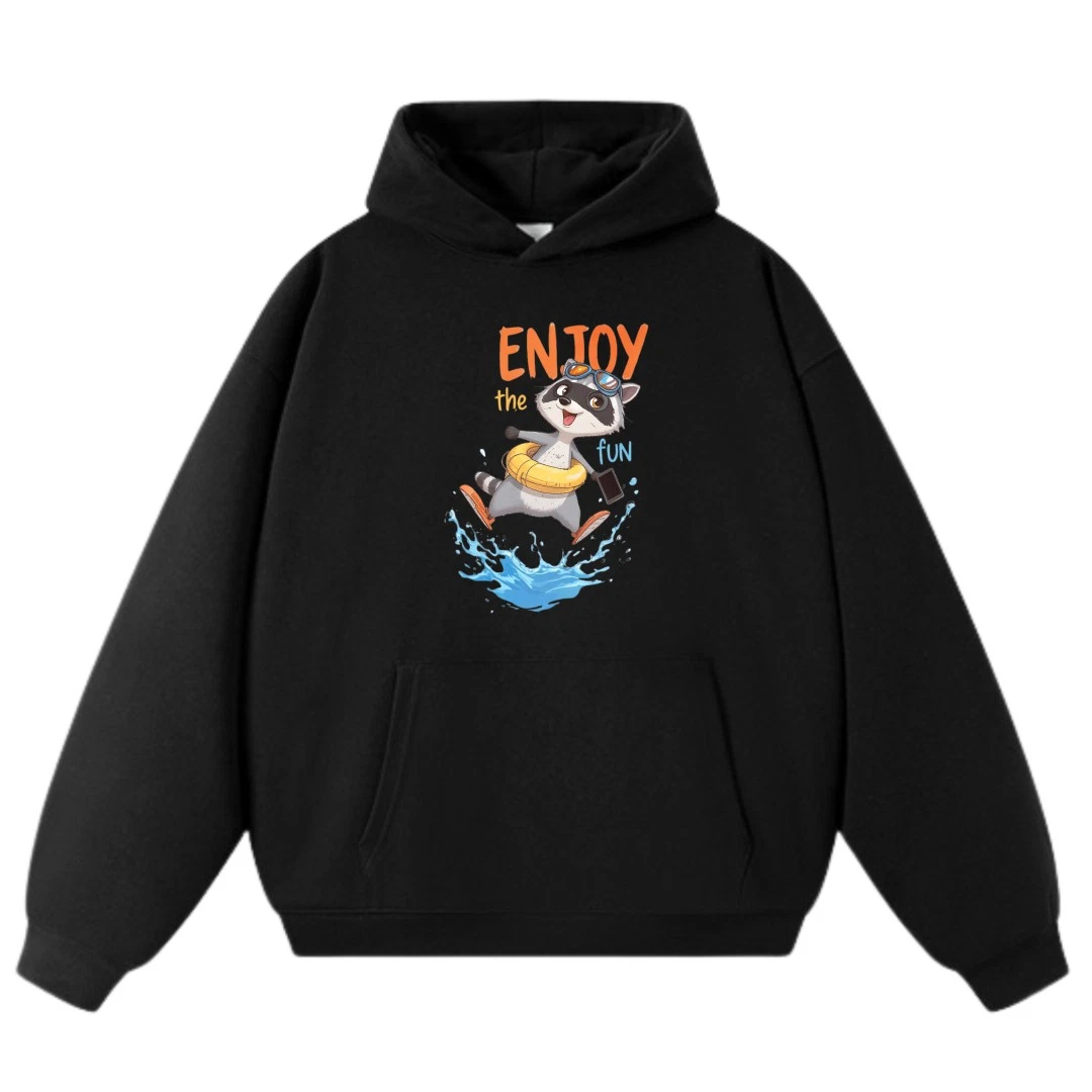 "Enjoy the Fun" Raccoon Graphic Long - Sleeve Hoodie with Front Pocket