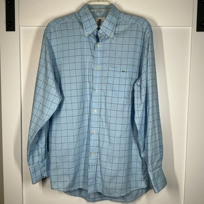 Lacoste Men's Size 42 Regular Fit Long Sleeve Dress Shirt Blue Plaid Check