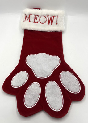 Plush Cat Christmas Stocking Meow Red Velour Cat's Paw Holiday Gift Feline Kitty