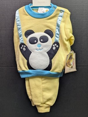 Vintage Sears 24 Month 2-Piece Panda Top Bottom Set Yellow Blue Large 