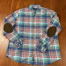 Crown & Ivy Classic Fit Large Long Sleeve Button Down Elbow Patch Pink Plaid