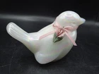 Vintage Fenton White Iridescent Glass Bird Figurine Pink Ribbon Ceramic Flower