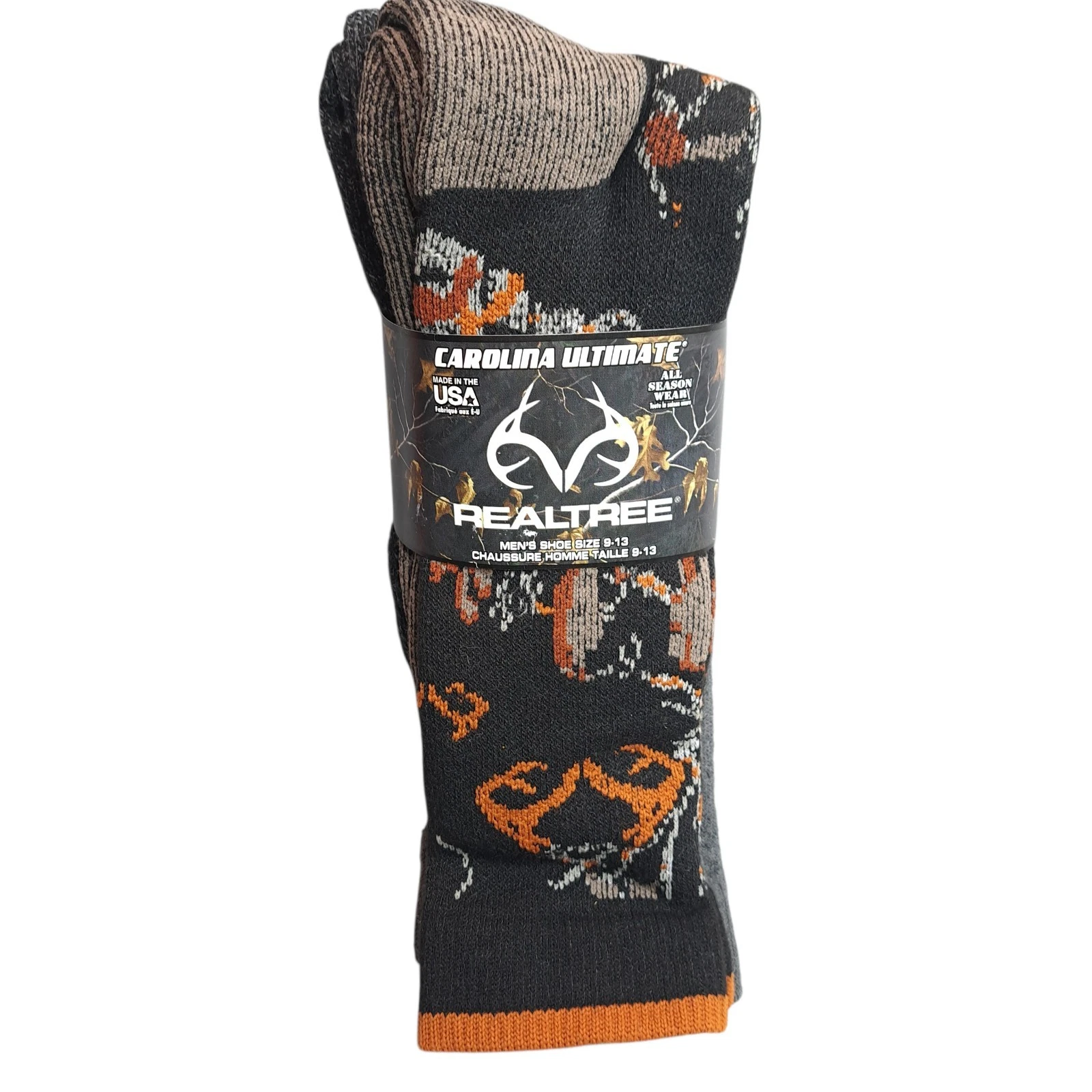 Carolina Ultimate RealTree 2 Pairs Black Camo Socks Men’s Shoe 9-13 Made In USA