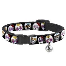 Cat Collar Breakaway with Bell Staggered Sugar Skulls CLOSE-UP Black/Multi Color