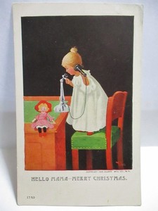 1906 POSTCARD HELLO MAMA MERRY CHRISTMAS, GIRL ON PHONE