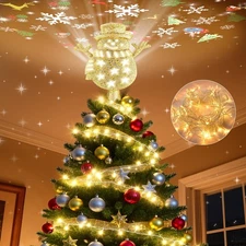 Snowman Christmas Tree Topper Lighted, Twinkle Led 10"H x 9"L x 3.5"D, Gold 