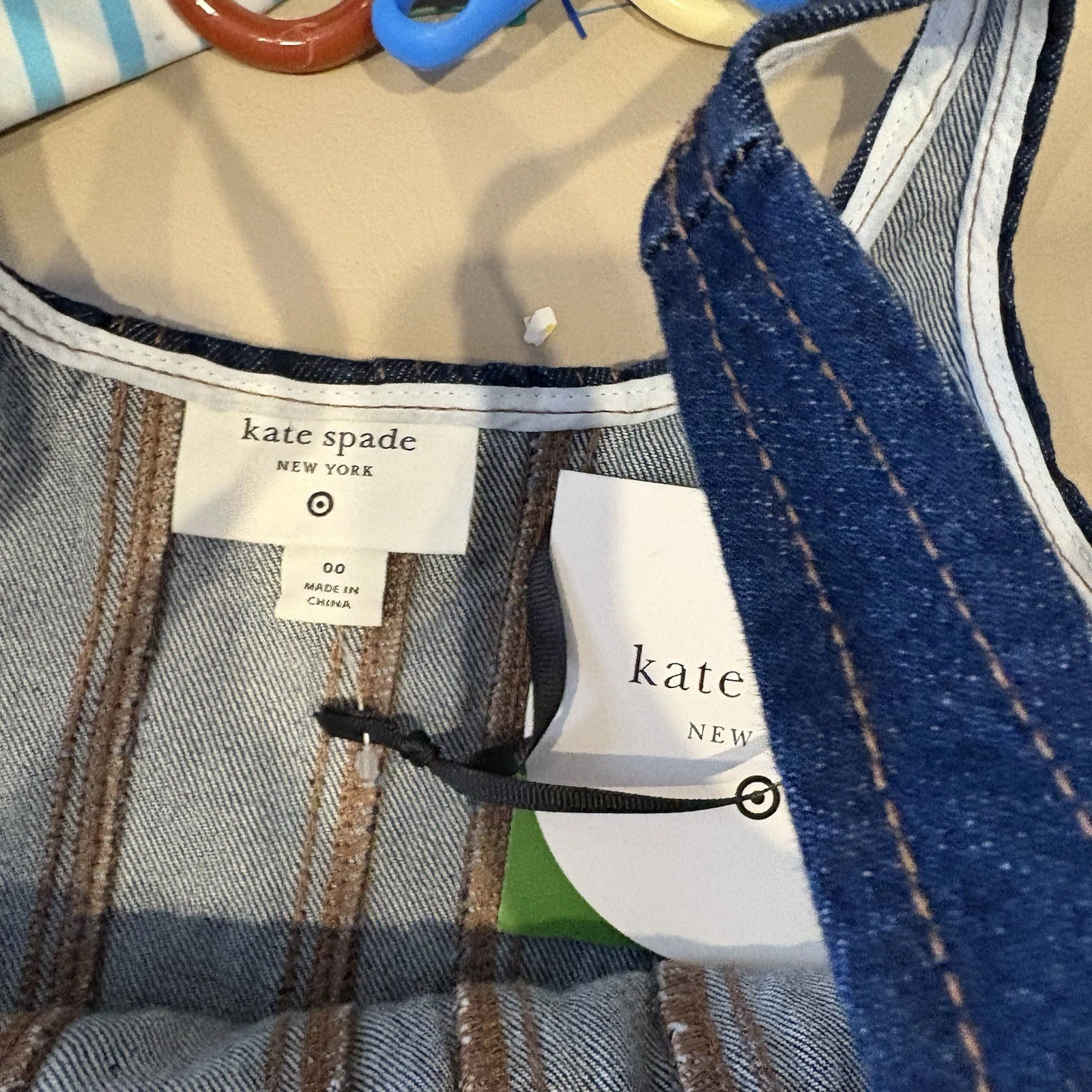 Mini abito donna jeans Kate Spade X Target 0 lavaggio scuro aderente svasato plissettato preppy