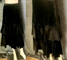 Charming 1920s Cotton, Rayon Velvet, Velveteen Tiered Black Skirt, Petite