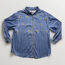 Vintage Tweety Bird Denim Shirt Large 90's Looney Tunes Embroidered Button Up