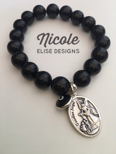 Black Agate Bracelet 10mm With Italian Saint Christopher Guardian Angel Evil Eye - Picture 10 of 12