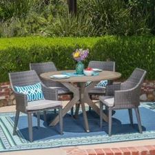 Linsey Outdoor 5 Piece Wood and Wicker Dining Set, Gray and Gray