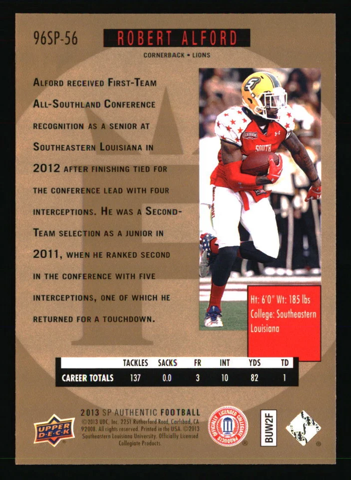 Robert Alford 2013 SP Authentic #96SP-56 FOOTBALL Card - Image 2 of 2