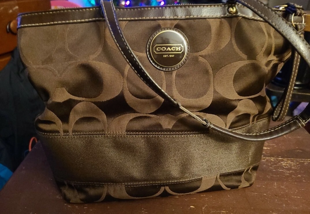 Coach F18037 Signature Stripe Brown Sateen Handbag Purse | eBay