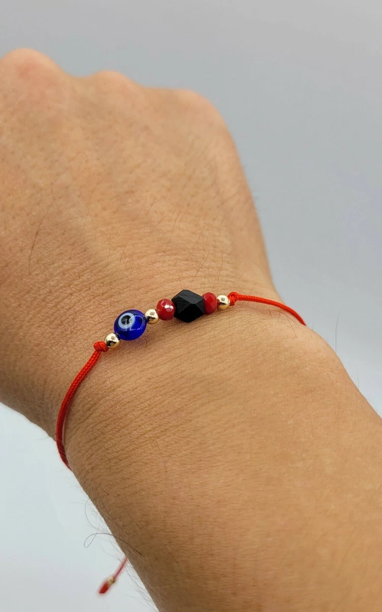 Red String Blue Evil Eye Black Stone Cube Bracelet Kabbalah Good