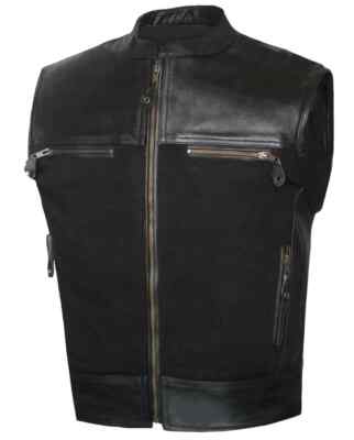 Mens Heavy Canvas and Premium Leather Trim Motorcycle Club Concealed Carry  Vest