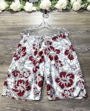 Old Navy Swim Trunk Shorts Size 30-32 Hawaiian Stretch Drawstring Gray Red