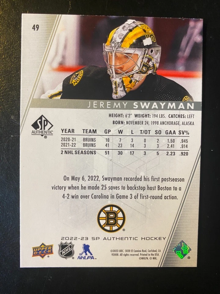 Jeremy Swayman 2022-23 Upper Deck SP Authentic Hockey #49 Boston Bruins - Image 2 of 2