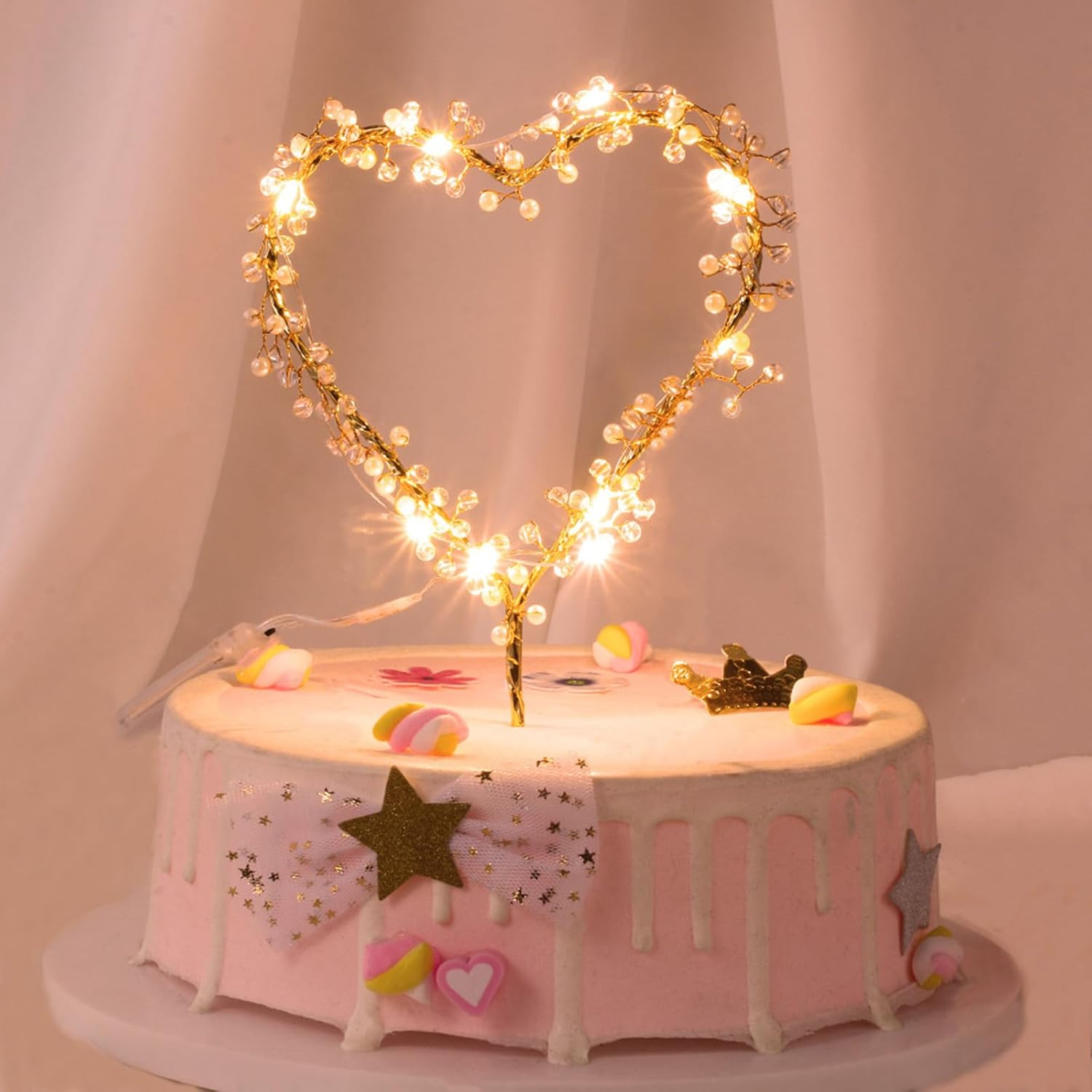 Topper de árbol de San Valentín Love Heart Pearl Cake Toppers con luz LED para Val