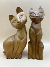 Vintage Natural Wood Carved Cats Kittens Figures Mid Century