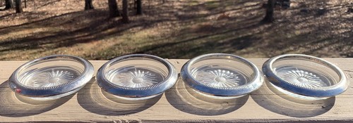 Set Of 4 Vintage Silver Rimmed Glass Coasters, Star Burst Pattern 3 7/8” Dia. - Picture 2 of 4