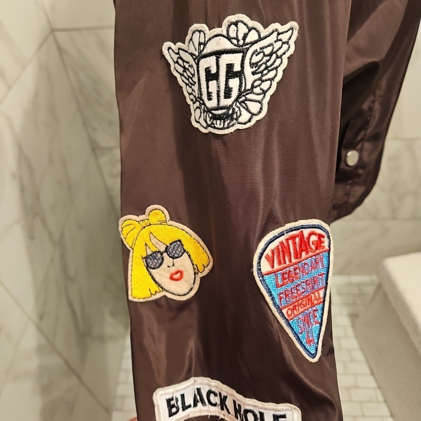 365.5 Brown Bomber Jacket Small Patchwork Patches… - image 9