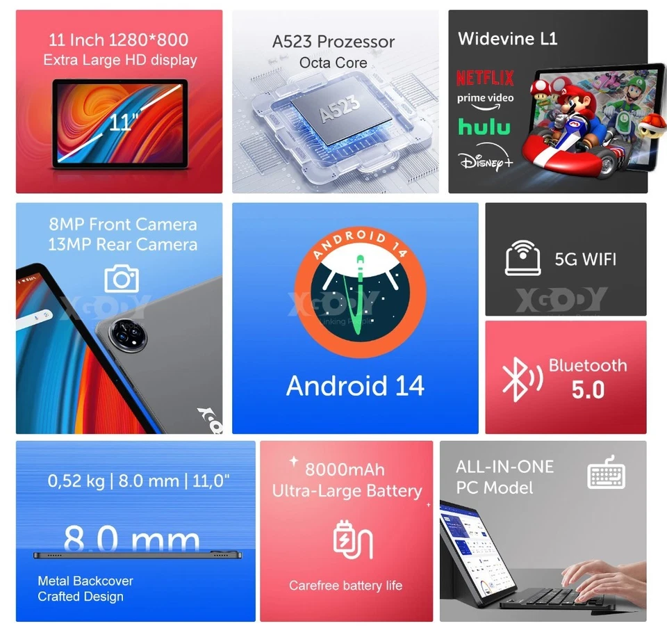 Xgody Q17 Android 14 11" Tablet 256GB ROM 16GB RAM Octa-core 13MP+8MP 8000mAh HD - Image 2 of 3