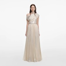 Self Portrait CHAMPAGNE METALLIC CHIFFON MAXI DRESS 970 NWT Size US 8 UK 12