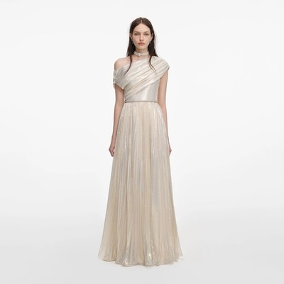 Self Portrait CHAMPAGNE METALLIC CHIFFON MAXI DRESS $970 NWT Size US 6 UK 10