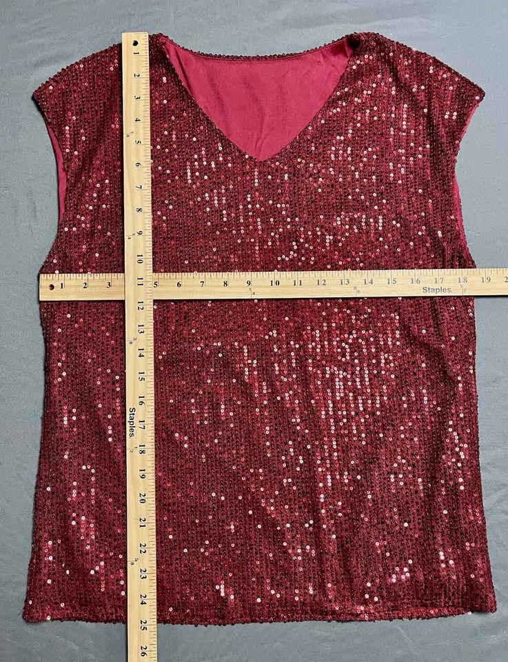 Mujer Rojo Talla Grande Sin Mangas Lentejuelas Top Cuello en V Fiesta de Navidad Boho Foto 3 de 4
