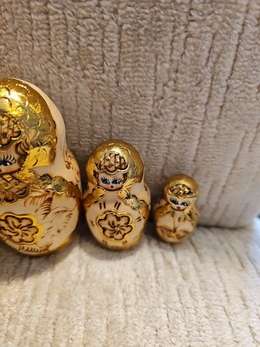 VTG Handmade Matryoshka Pyrography Wooden Russian Nesting Dolls 5 Gold Gilt - Picture 5 of 8