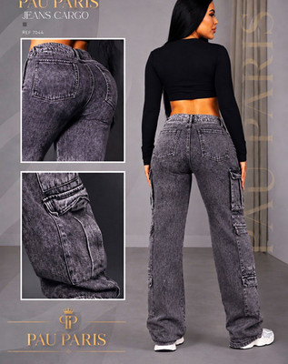 PAU PARIS Women's Gray Acid Wash Denim Cargo Jeans, Cargo Pockets, Size 7044