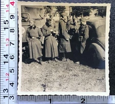 Soldiers Eating Talking Long Coats WW2 German Military BW Photo Snapshot