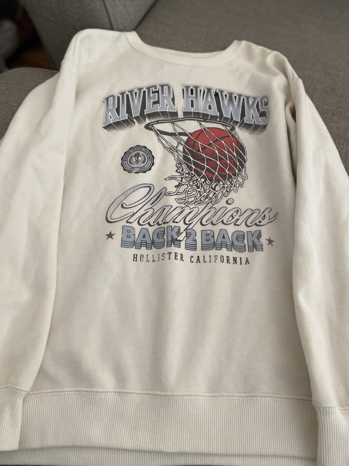 Hollister White Fleece Pullover Sweatshirt Graphic Print Crew Neck Men's S