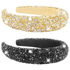 2 Pack Black, Gold Rhinestone Headband, Thick Padded, Sequin, Beaded Pearls
