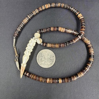 Vintage Brown Heishi Bead Necklace Native Tribal Mother of Pearl Pendant, 16''