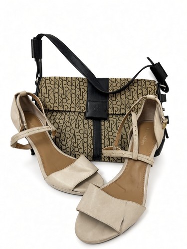 Calvin Klein Womens Shoulder Bag & Leather Heel Sandals Set Beige Monogram Lot