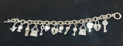 Silver Tone Womens Charm Bracelet Hello Kitty Rhinestones Key Lock Purse Toggle