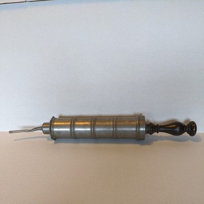 Circa 1800s Antique Large Pewter Enema Syringe with Wooden Plunge 15  