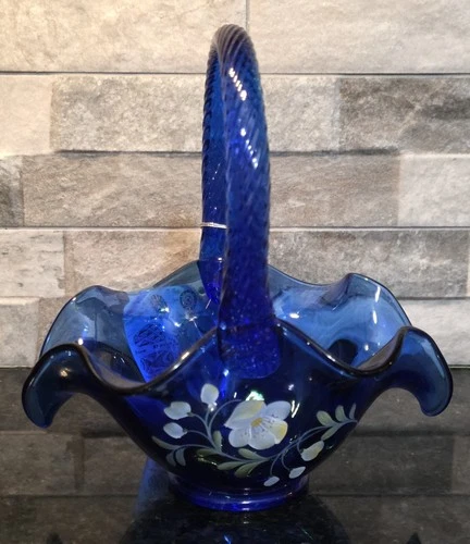 FENTON Cobalt Blue Ruffled Edge Hand Painted Basket Signed By S. Bryan 7" Vtg