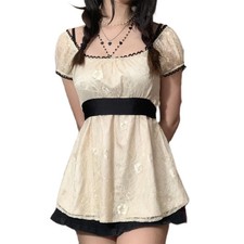 2024 Sweet Fairy Grunge Lace A Line Dresses Summer Women Patchwork Puff Sleeve K
