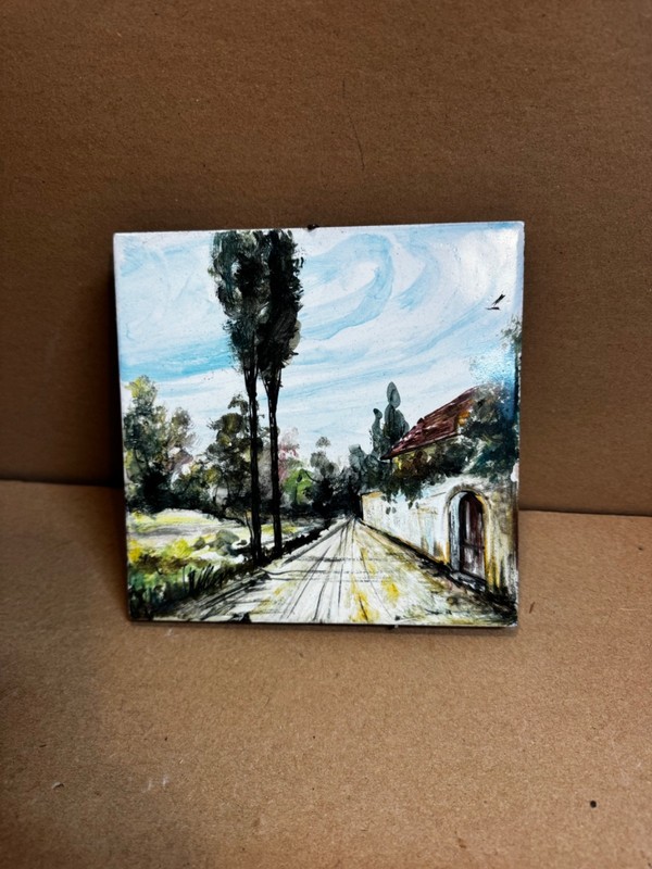 1 Vintage Hand Painted Ceramic  Tile two tall trees  Made in Italy