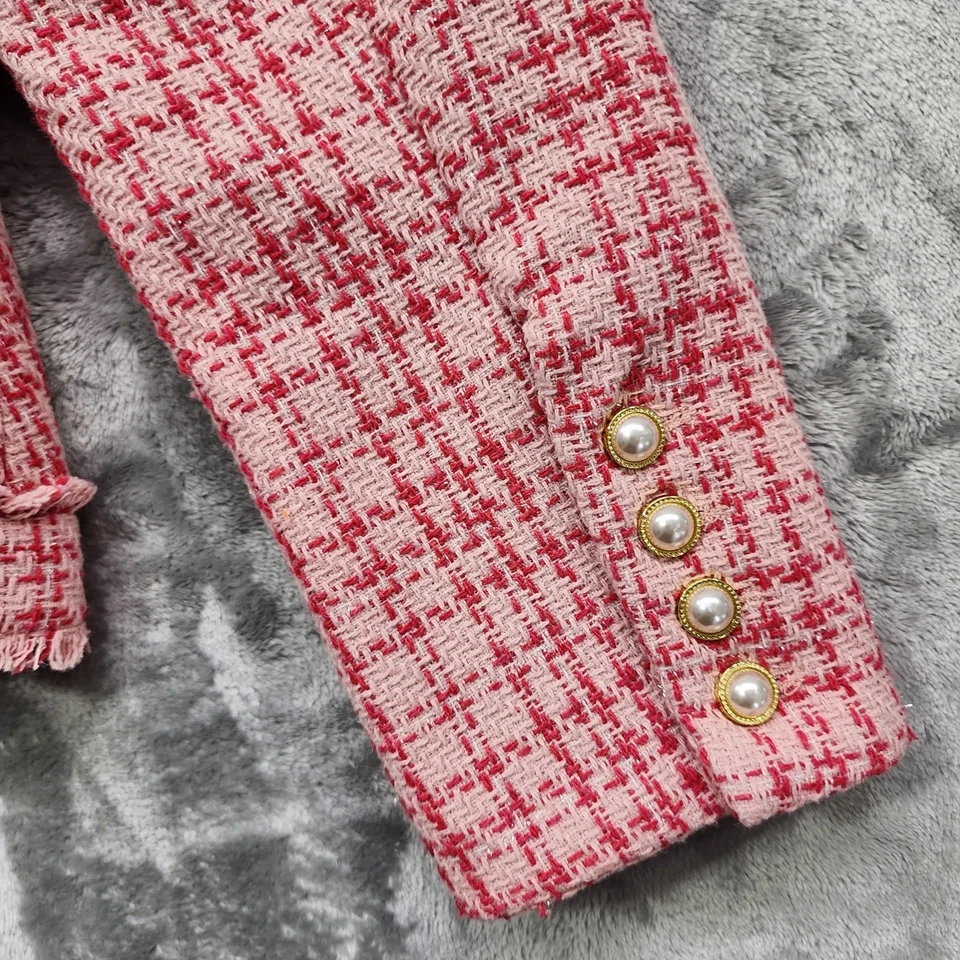 Blazer Nanette Lepore Mujer L Rosa Cuadros Tweed Perla Botones Preppy Oficina Foto 3 de 4