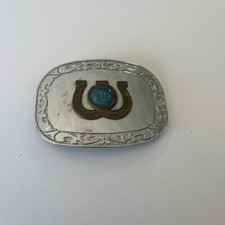 Turquoise Stone centerpiece Western Belt Buckle w/Lucky Dual Horseshoe Surround