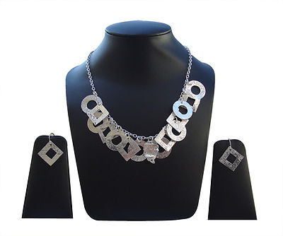 925 Geometric Sterling Silver Plated Hammer Finish Necklace Set Women Jewelry