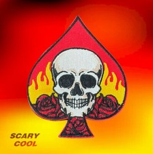 New Skull Spade Flames Gothic Embroidered Biker Iron On Patch