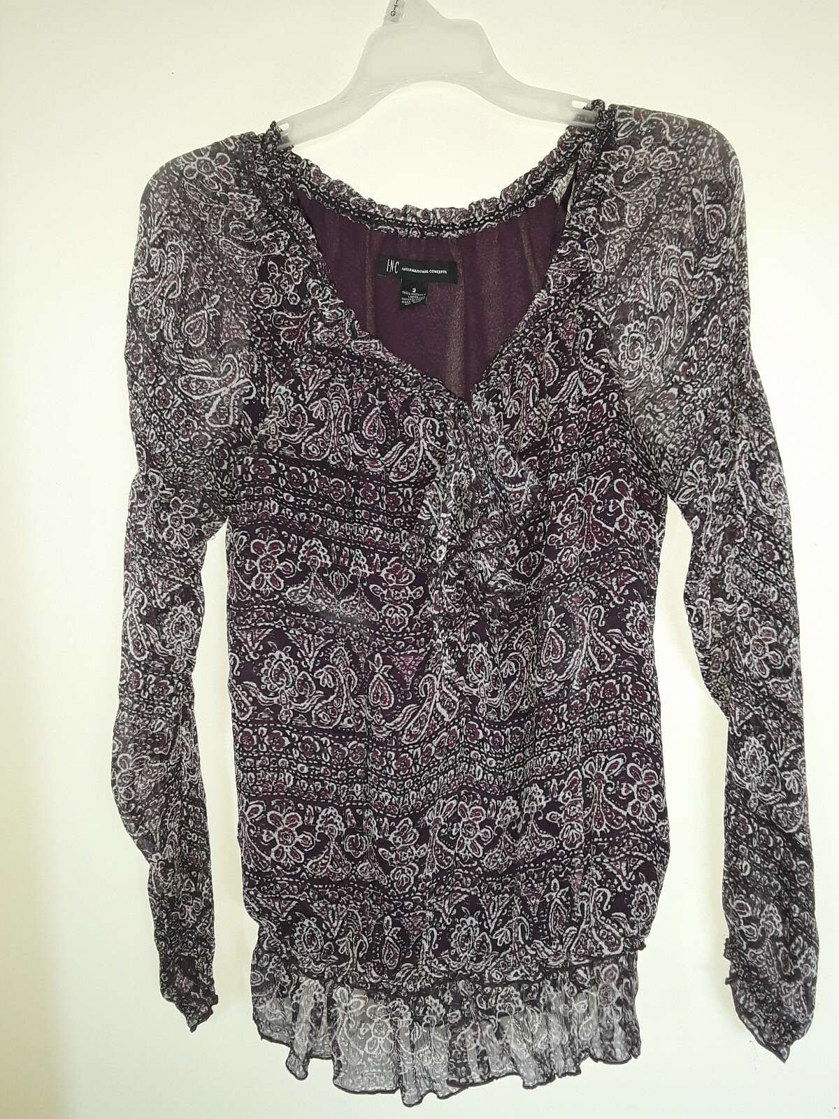 INC International Concepts Silk Blouse Womens 2 Peasant Boho Paisley