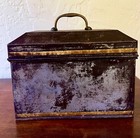 Antique Tin Tole Cash/Deed/ Strong Box w/ Brass Handle Gilt Detail Blue Inside — photo 7