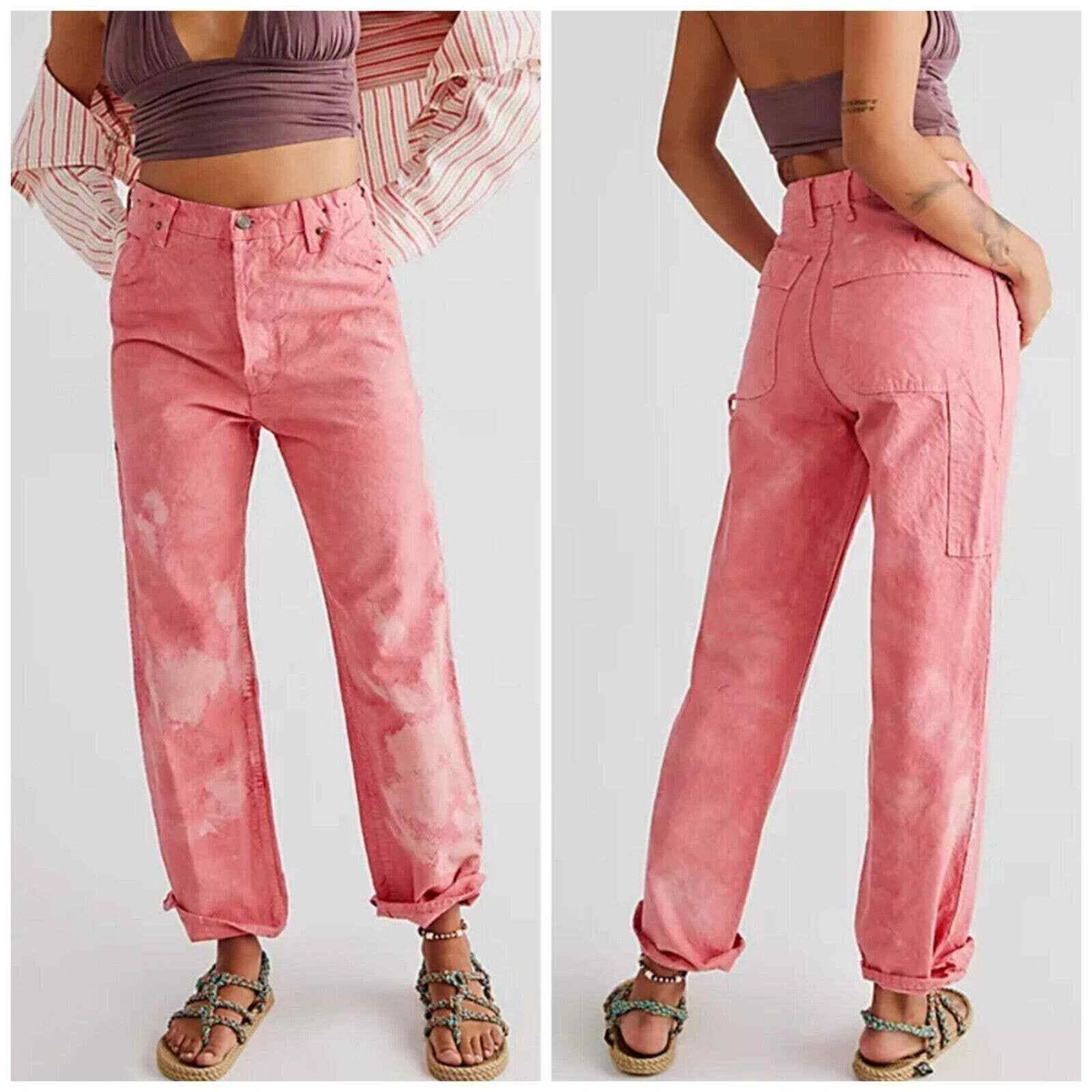 NWOT Free People Dr. Collectors Hollywood Acid Washed Pink Painter Pants 398 XS