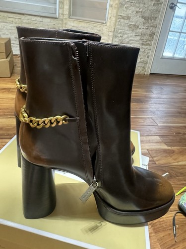 Michael Kors Carlisle Barnished Patent Leather Platform Boot Luggage Brown Sz8 - Picture 15 of 16